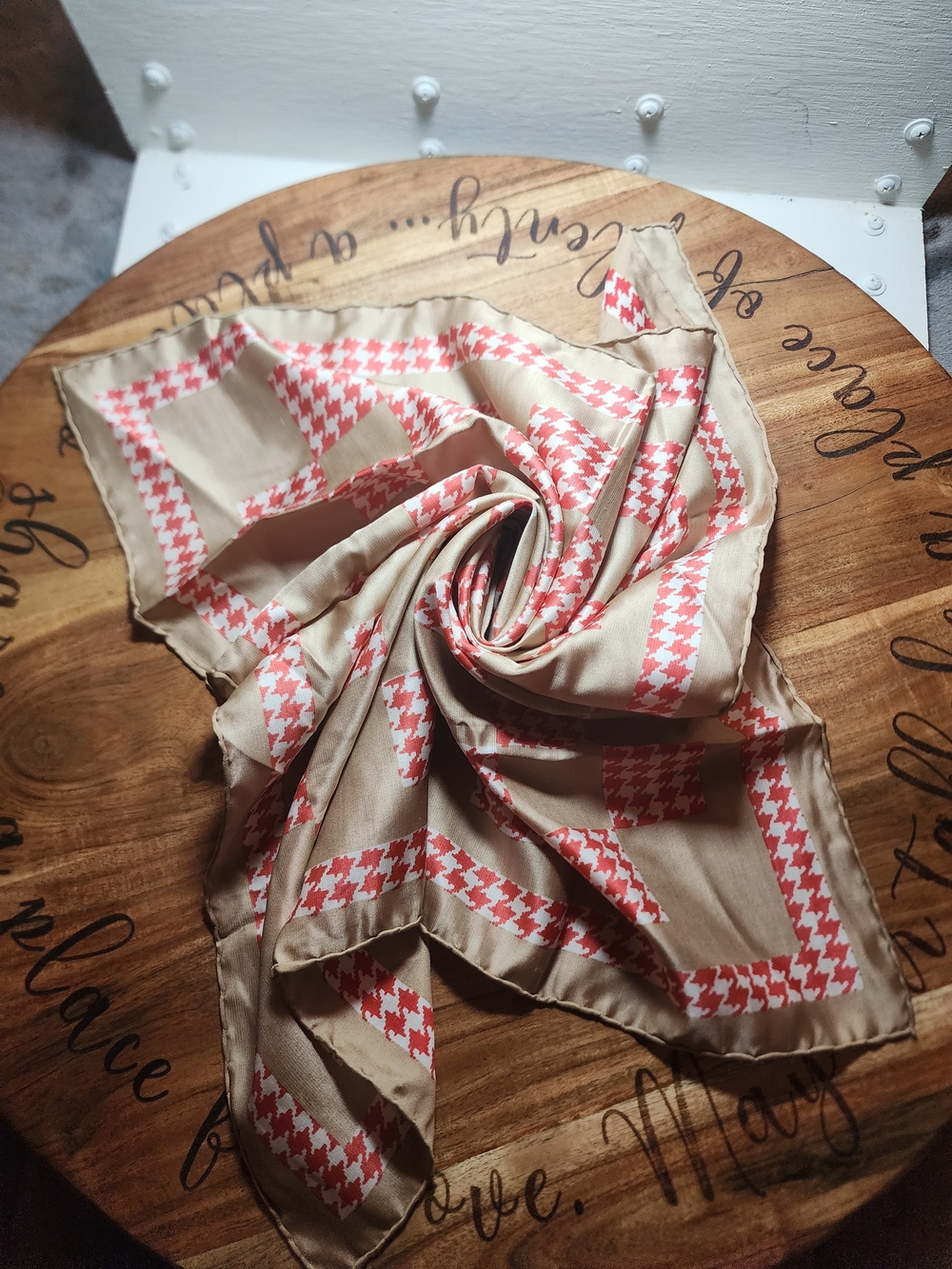 Beige and Coral Houndstooth Pattern Silk Scarf